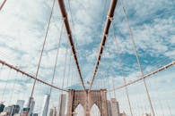 标志性的布鲁克林大桥悬索展示了曼哈顿市中心的天际线