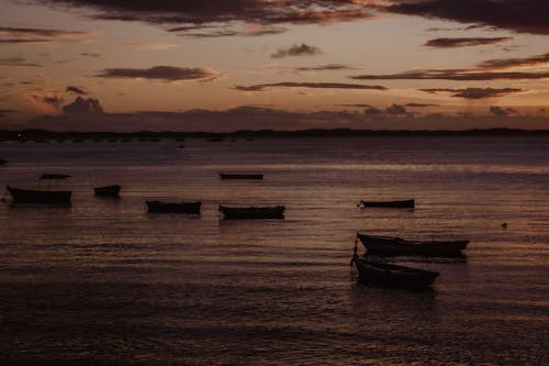 A group of boats in the water at sunset