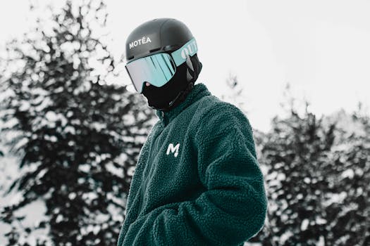 Stylish winter portrait of a model in Brezovica forest wearing winter gear and helmet.