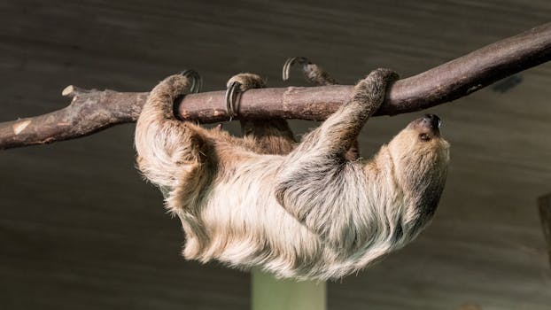 Captivating image of a sloth hanging leisurely on a branch indoors, showcasing its natural habitat.