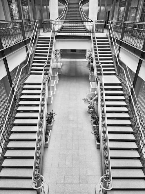 Ascending the staircase, the mesmerizing symmetry of its steps creates a captivating visual harmony within the building's architecture.