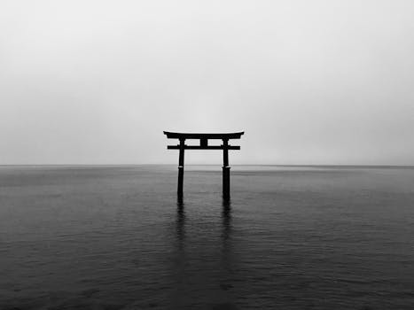 平静的水面倒映着鸟居门的黑白照片，捕捉到宁静、简约的美学