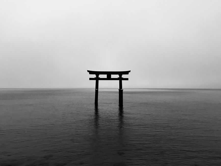 Black and white photo of a Torii gate reflecting on calm waters, capturing a serene, minimalist aesthetic.
