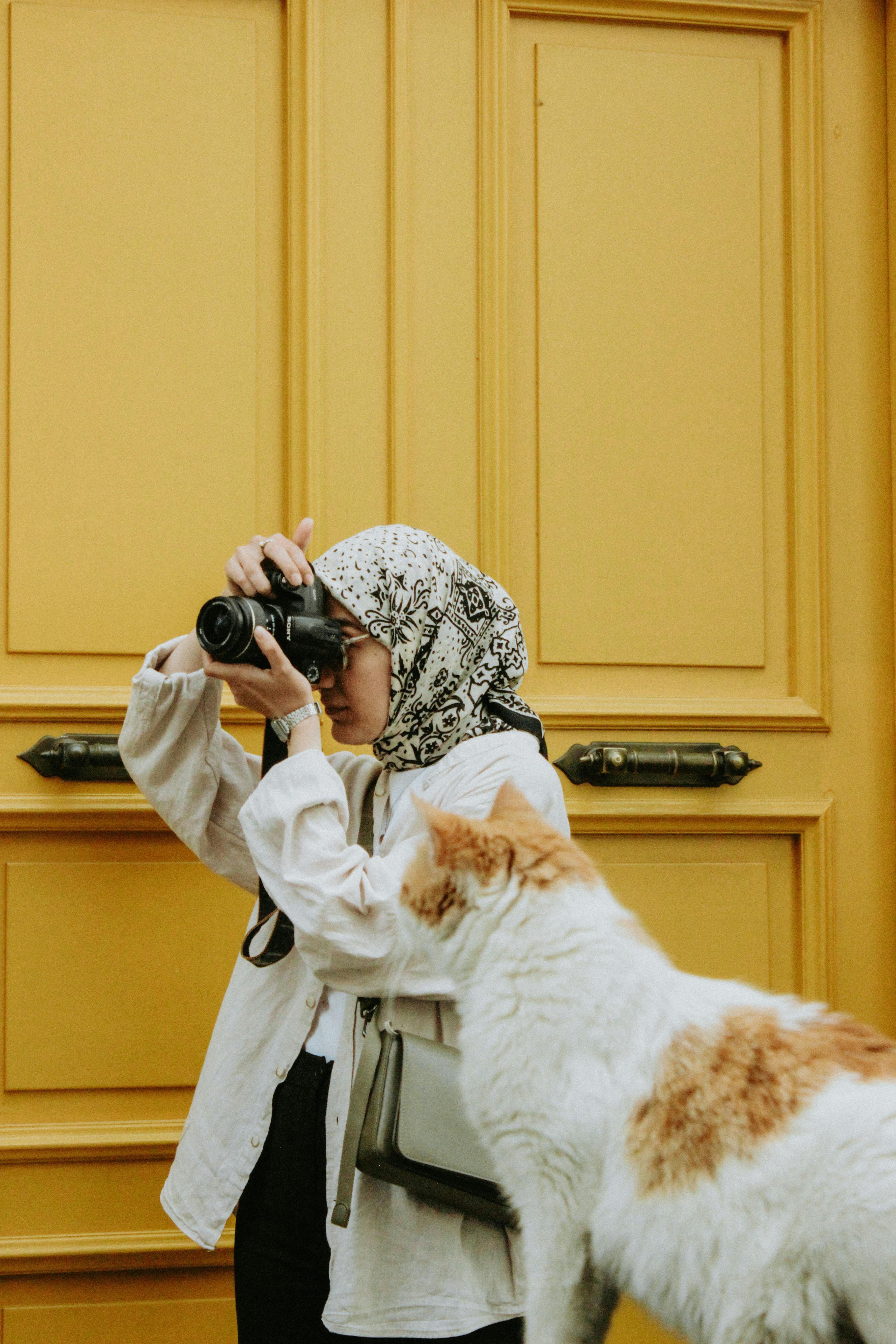 A woman with a hijab takes a photo of a cat against a vibrant yellow door, blending culture and artistry.