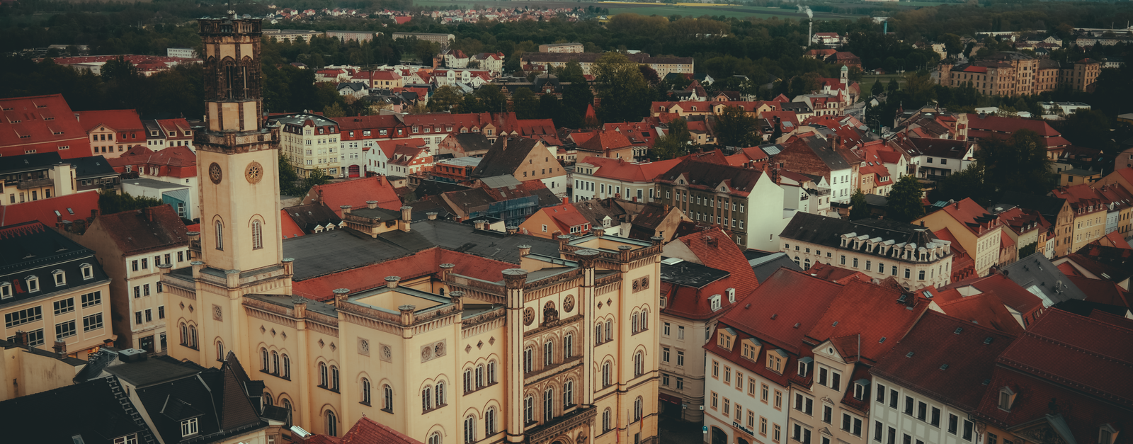 Drone shot of Zittau Town Hall surrounded by red-roofed buildings under cloudy skies.