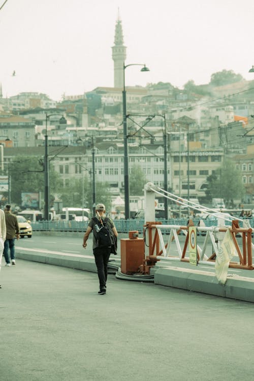 A man walking on a bridge with a dog