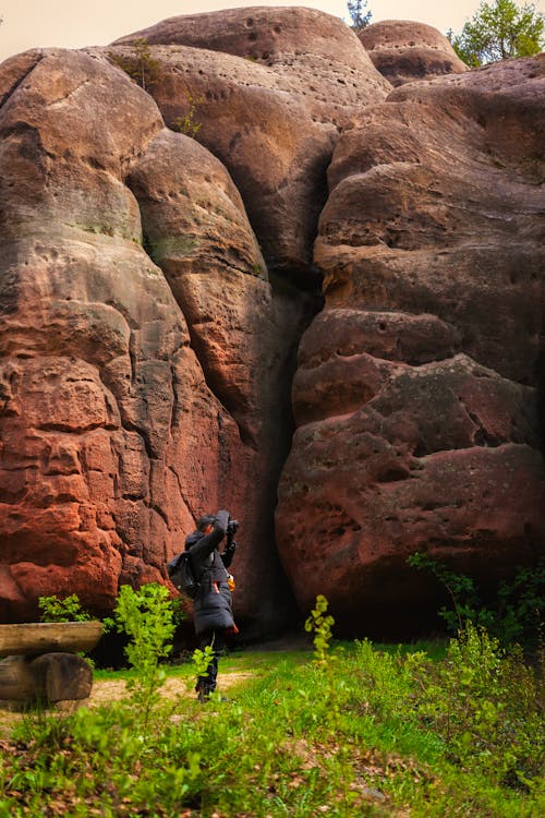 A person is walking through a forest near some rocks