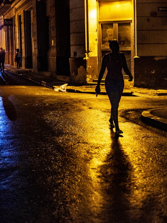 Silhouette Photo of Woman Walking on Road during Nighttime