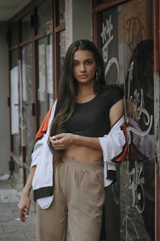 一位长发休闲的年轻女子靠在涂满涂鸦的墙上，手里夹着一支香烟
