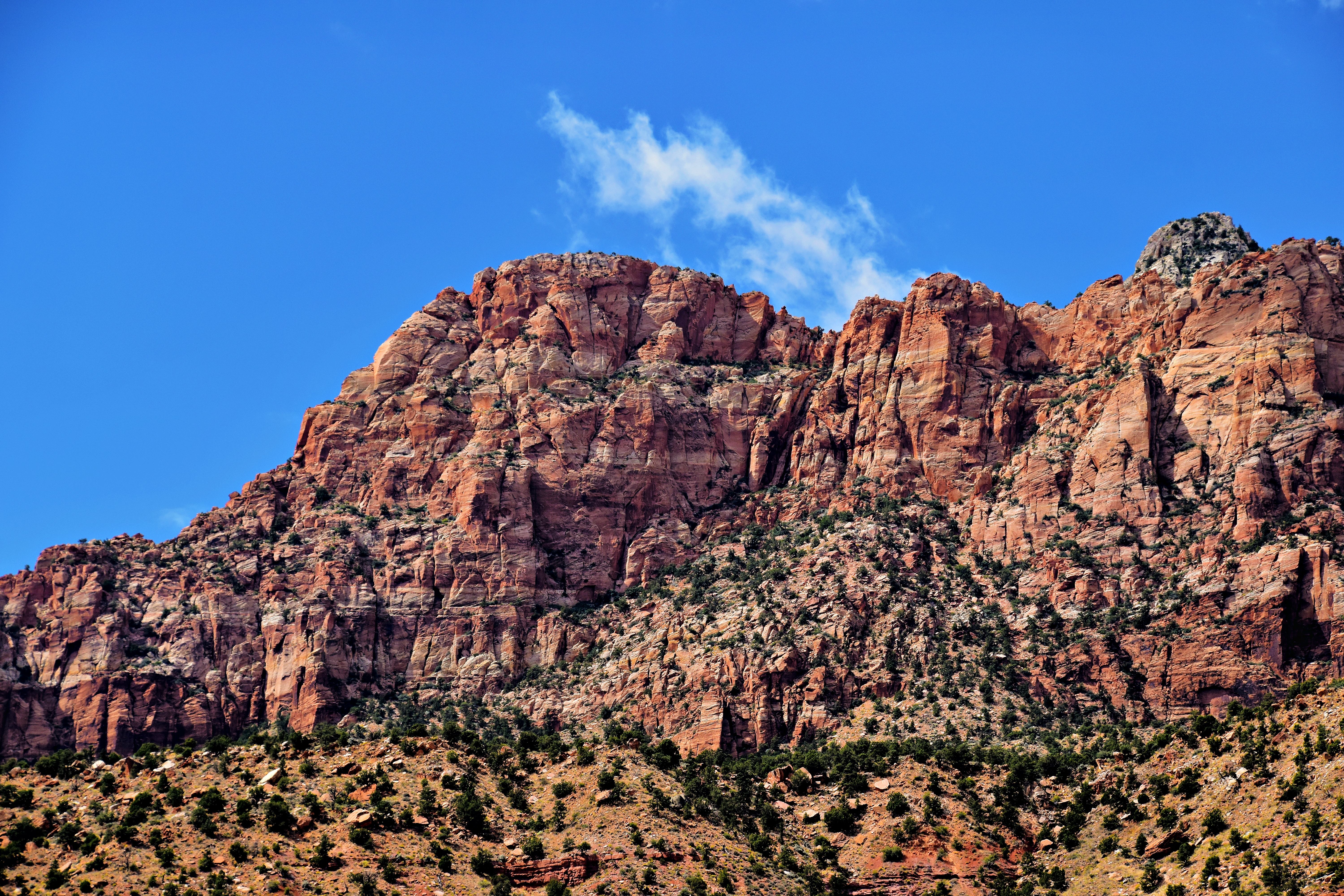 Beautiful view of red rock cliffs under clear blue sky in Zion National Park, Utah.