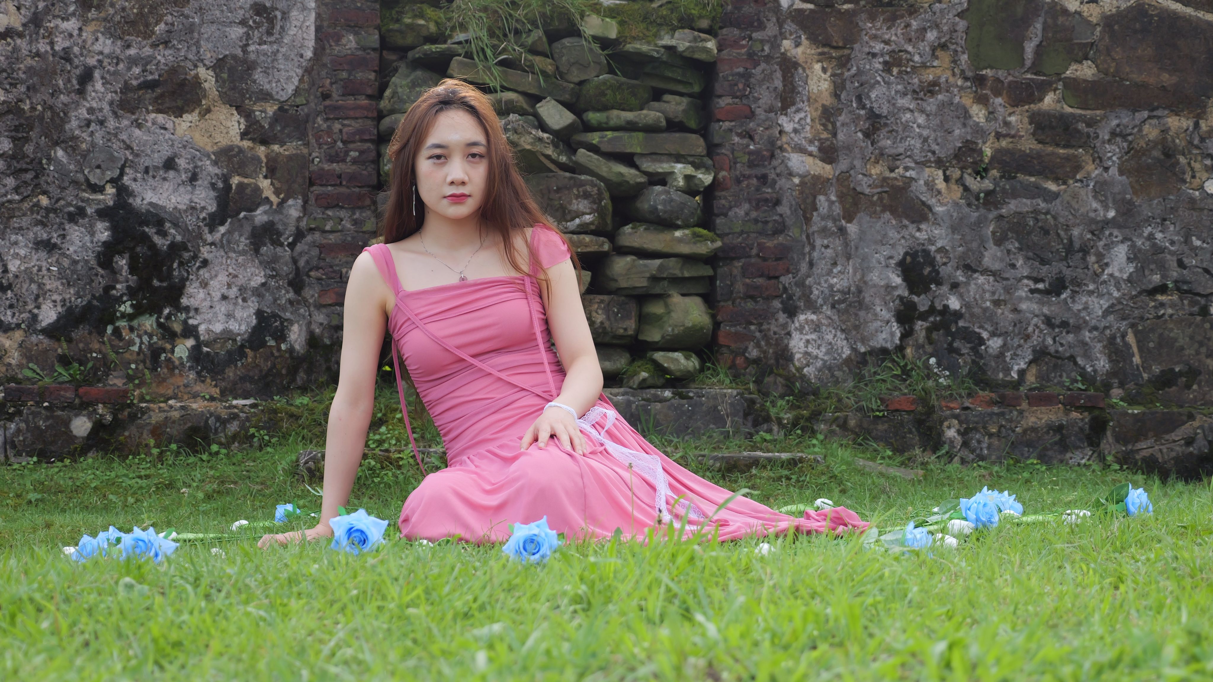 Young Woman in a Pink Dress Sitting on the Grass with Blue Roses · Free ...