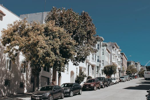 阳光明媚的日子里，在旧金山发现一条风景如画的街道，街道两旁是迷人的房屋和停放的汽车