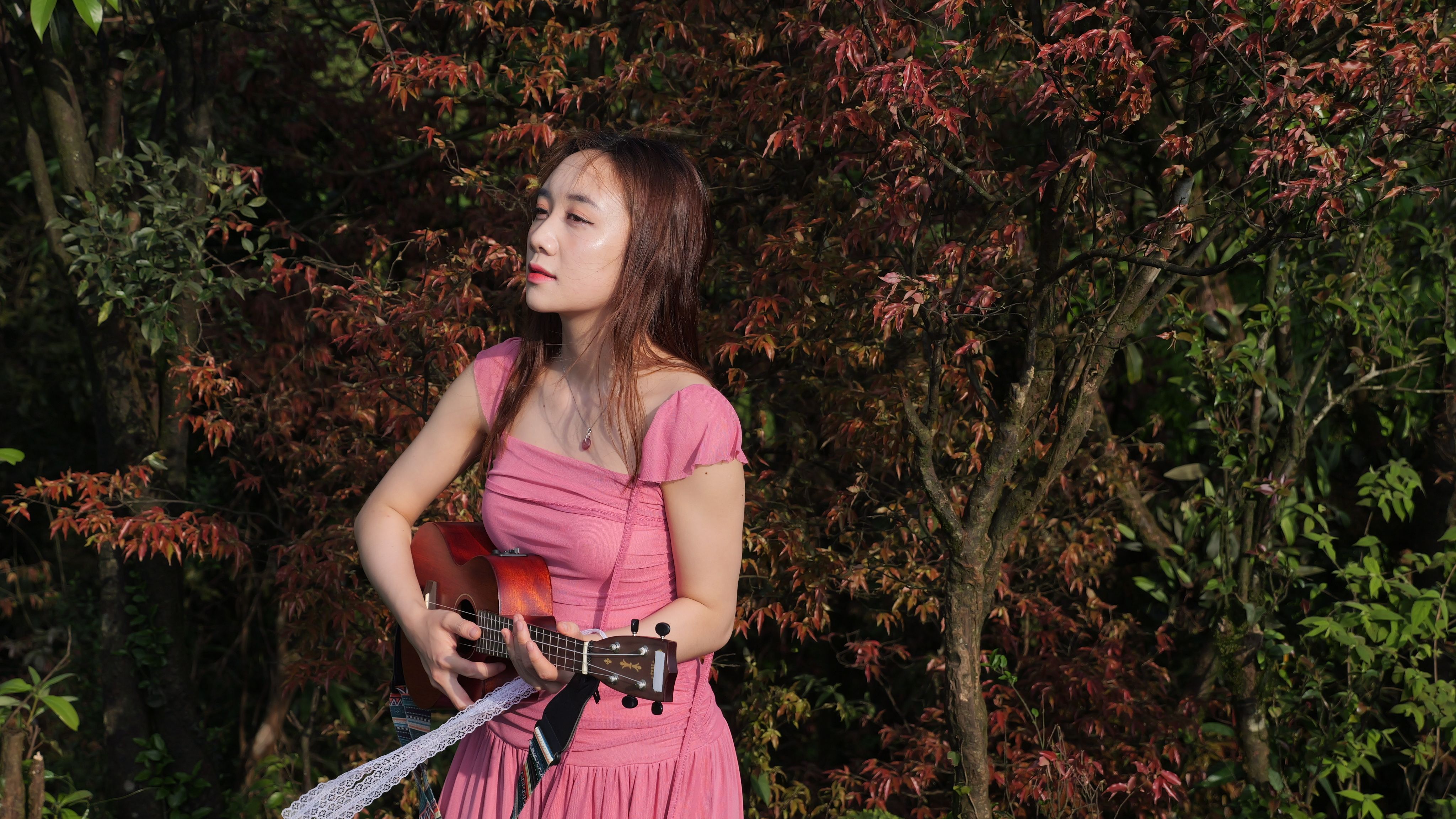 A woman in a pink dress plays guitar amidst lush forest trees, creating a serene musical ambiance.