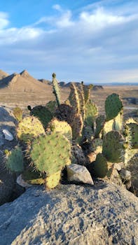 Sunlit cacti in a rocky desert, capturing the essence of arid landscapes.