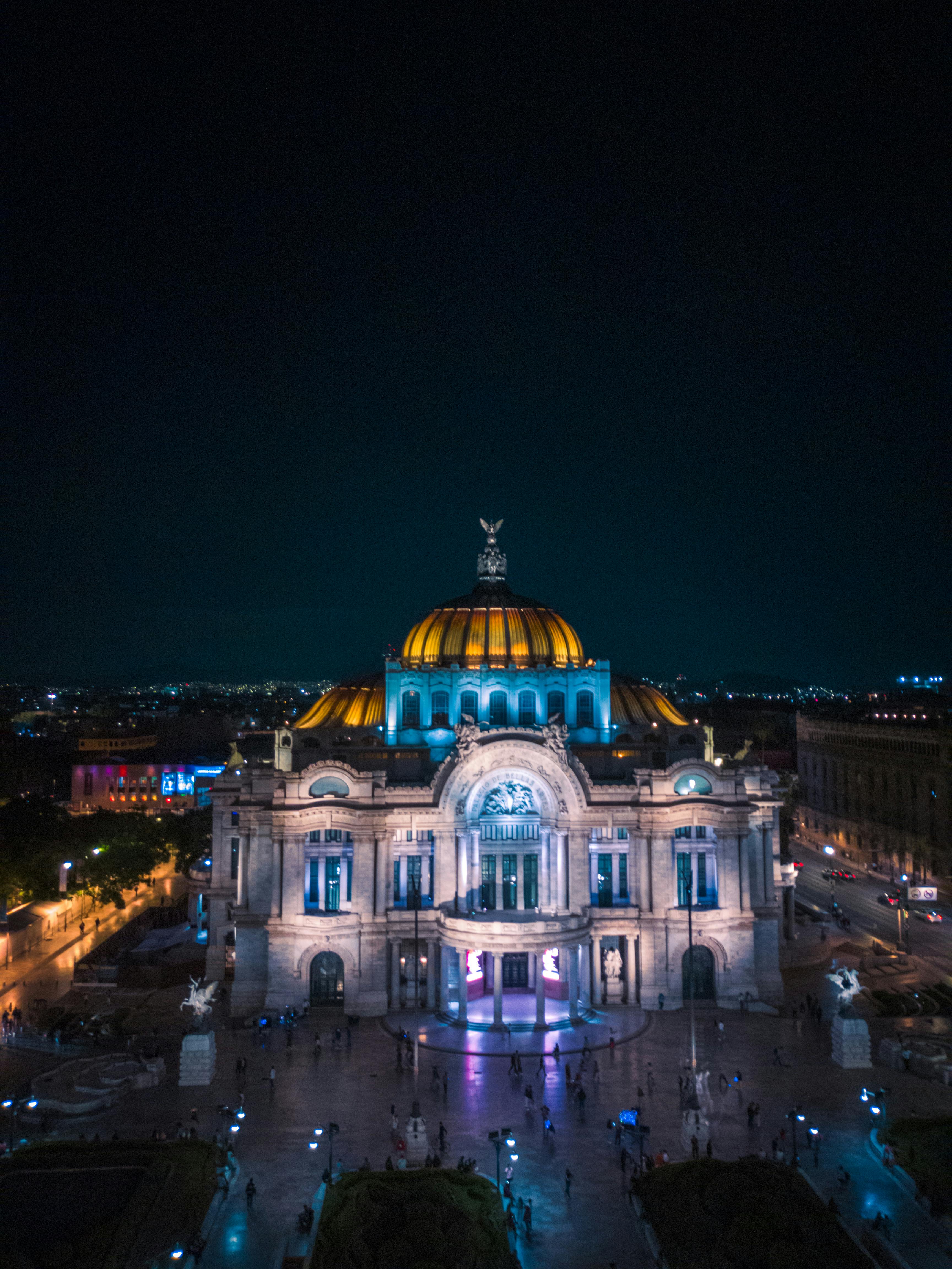 aerial view of illuminated palacio de bellas artes in mexico city mexico