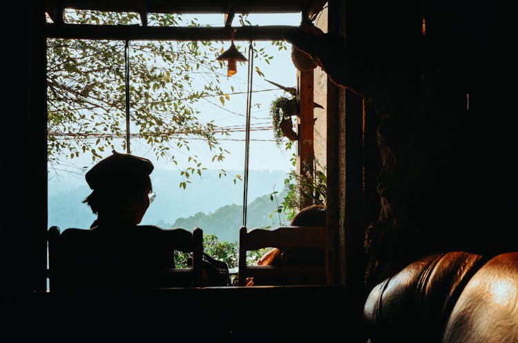 Silhouette Of Person Sitting On Chair Facing Window