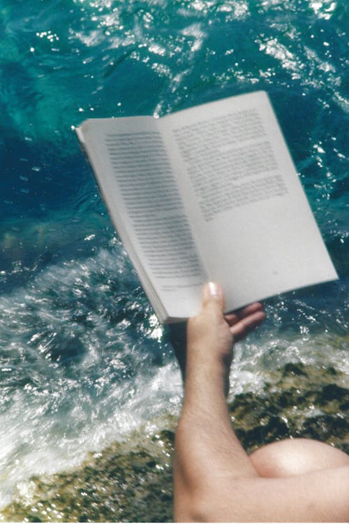 A person holding a book in front of the ocean
