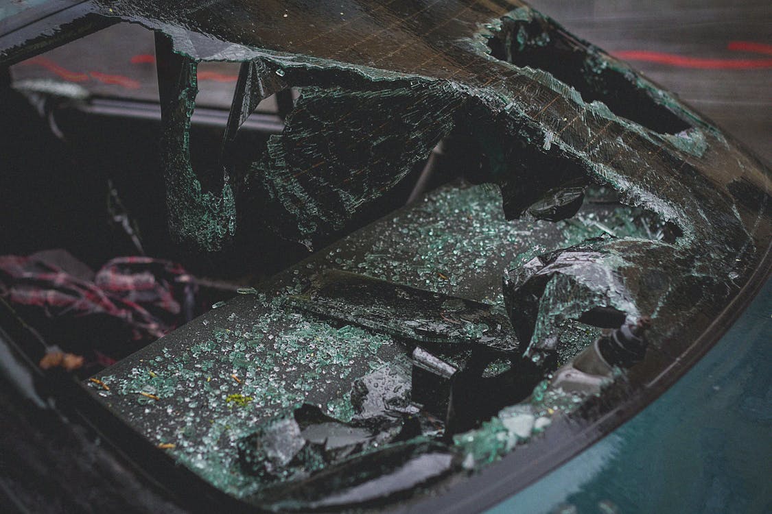 Smashed windshield from a car accident