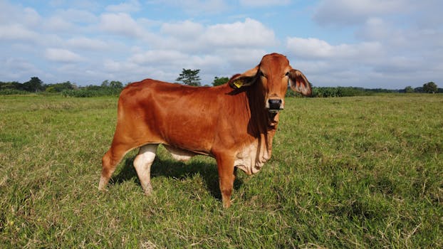 Red American Brahman cow grazing in a rural pasture in Tabasco, Mexico.