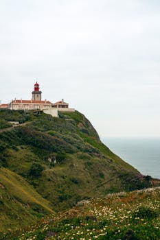 Majestic view of Cabo da Roca lighthouse on the Atlantic coast in Portugal.