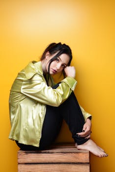 一位身着黄色缎面夹克的女人，若有所思地坐在醒目的黄色背景前