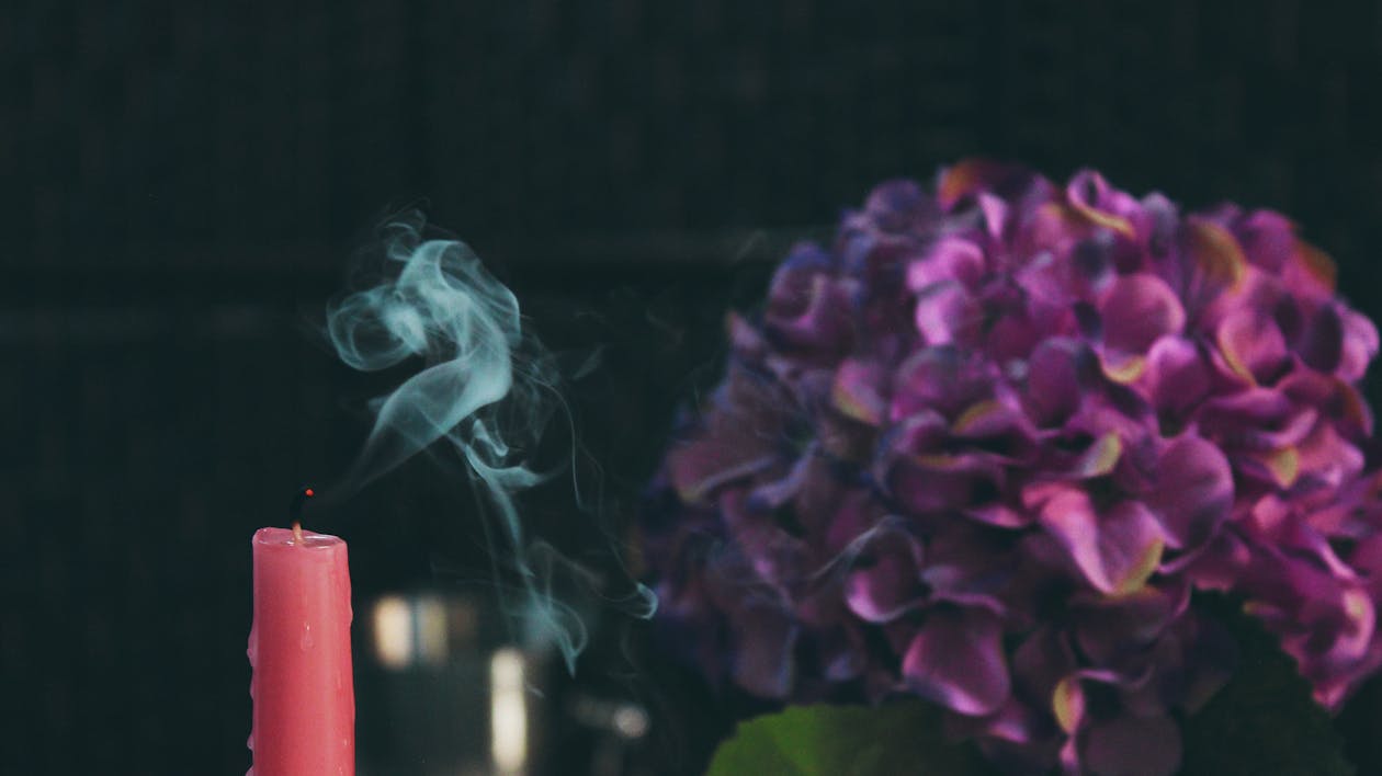 Ücretsiz Mor çiçeğin Yanında Kırmızı Sütunlu Mum Stok Fotoğraflar