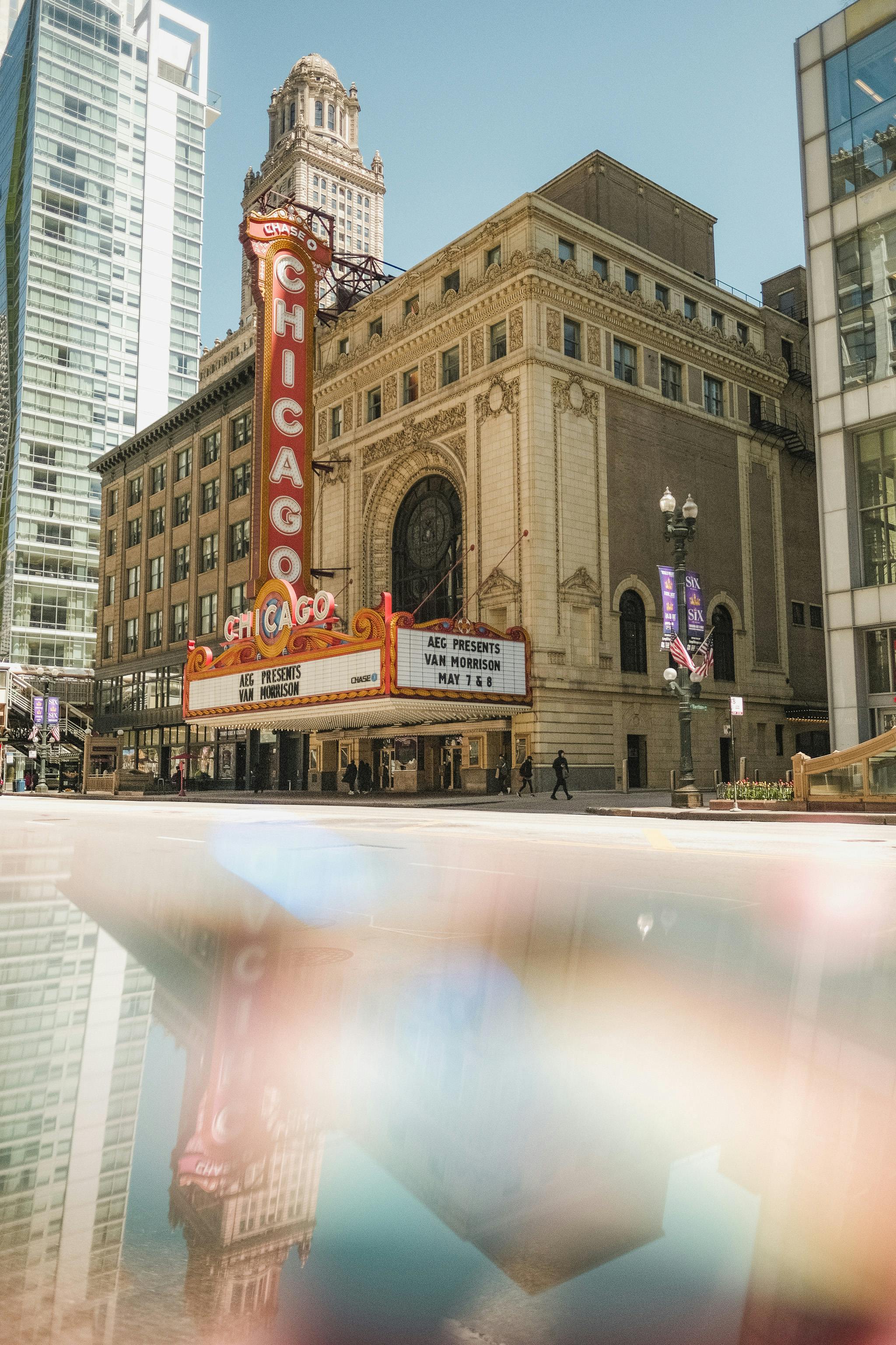 Free The famous Chicago Theater with its iconic sign on a sunny day. Stock Photo