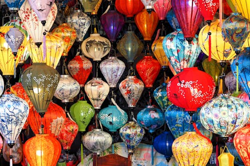 Colorful lanterns are decorated inside a store in the ancient town of Hoi An, Vietnam