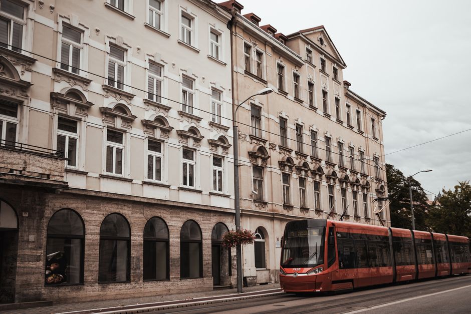 Modern tram in Bratislava, Slovakia, on a city street