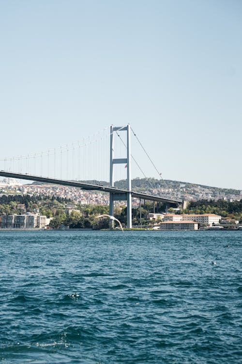 A bridge over water with a city in the background