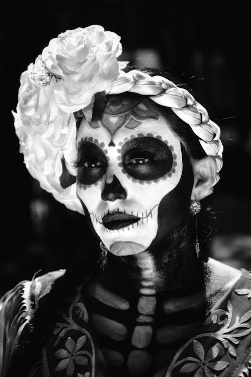 Portrait of Woman Wearing Mexican Costume in Black and White 