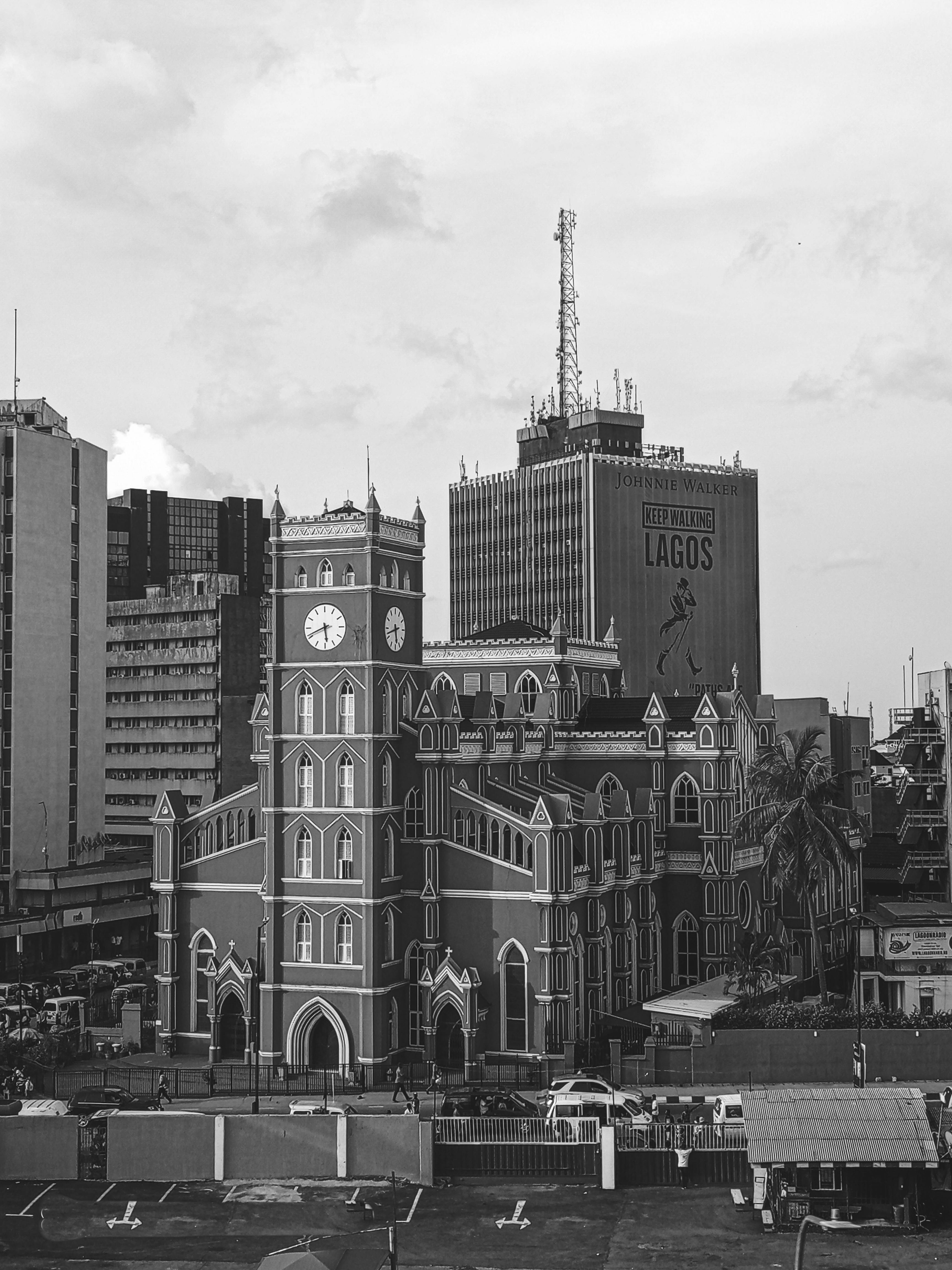 Monochrome view of a landmark cathedral among the urban architecture of Lagos, Nigeria.