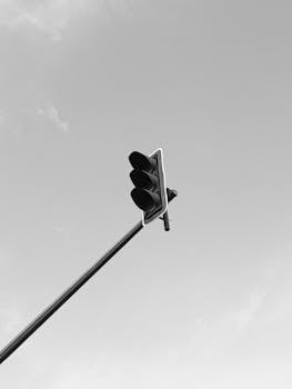 Minimalist black and white photo of a traffic light against a clear sky.