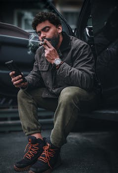 Fashionable man sitting by car, smoking cigar, and using smartphone in urban setting.