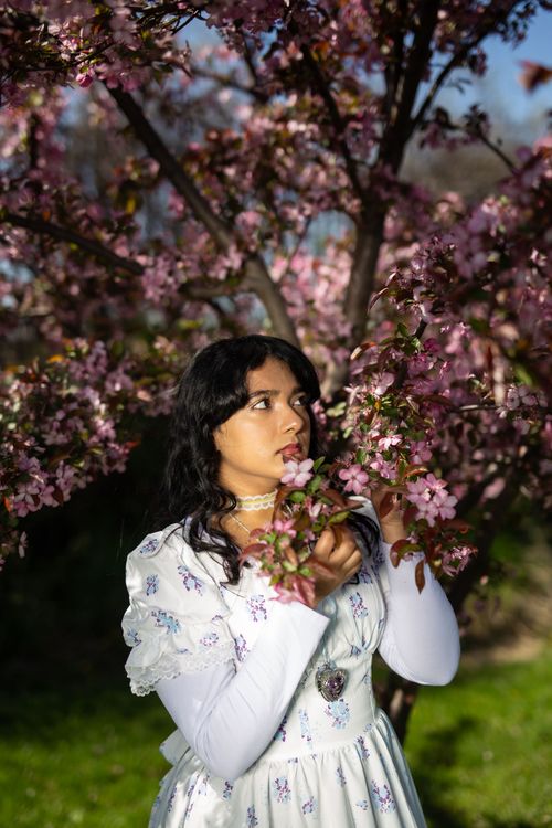 Free Woman in a floral dress standing under a blossoming tree, embracing spring in Chicago. Stock Photo