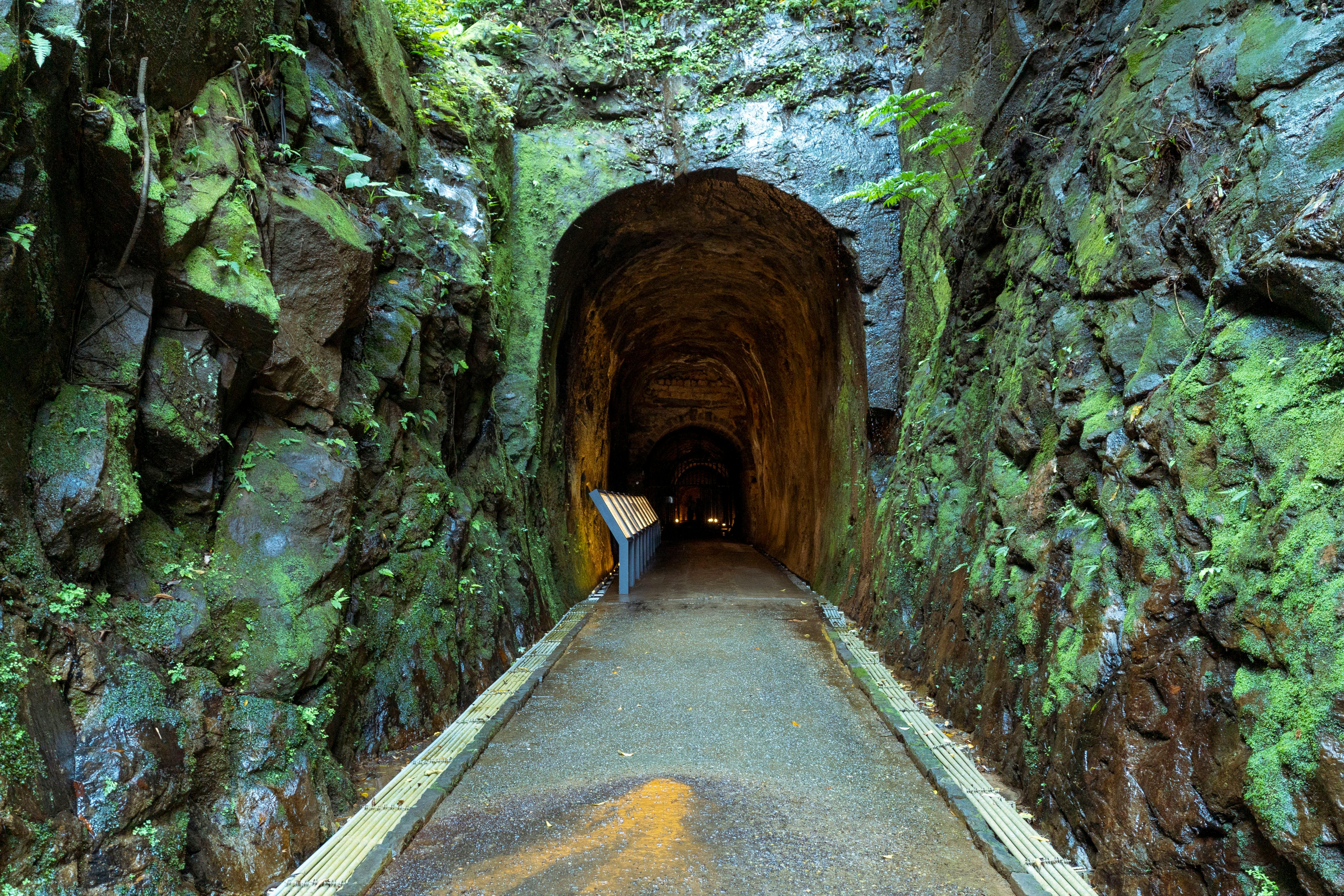 A scenic pathway through a moss-covered mountain tunnel, illuminated by natural light.