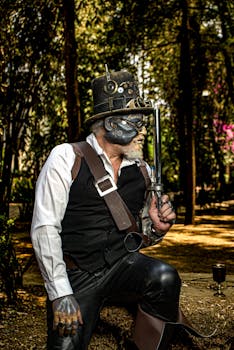 A man in steampunk attire poses with a sword in a forest, creating a dramatic scene.