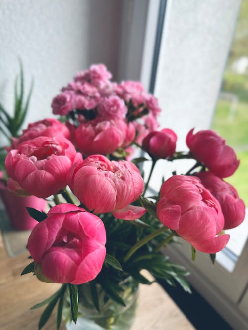 Pink peonies in a vase on a table