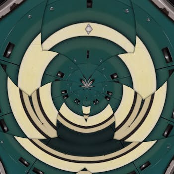 圆形抽象图案以蓝色和奶油色的几何形状，营造出万花筒般的效果