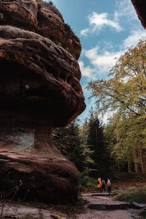 Two people walking through a forest near a rock formation