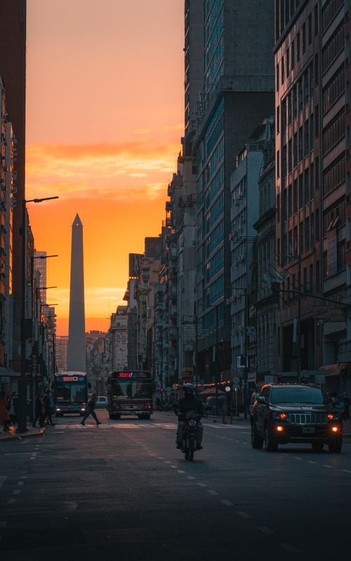 Free Stunning view of Buenos Aires cityscape at sunset with the iconic Obelisk in the background. Stock Photo