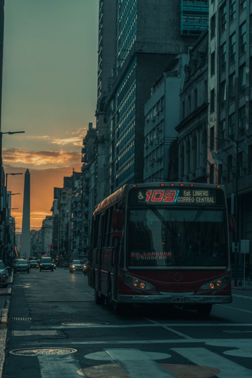 Free A red city bus travels through the bustling streets of Buenos Aires at sunset. Stock Photo