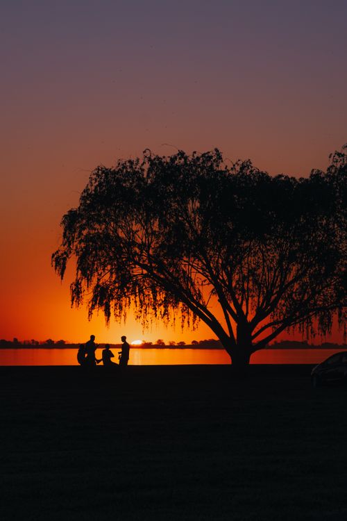 Free A tranquil scene of silhouettes at sunset under a tree by the lake, perfect for a peaceful moment. Stock Photo