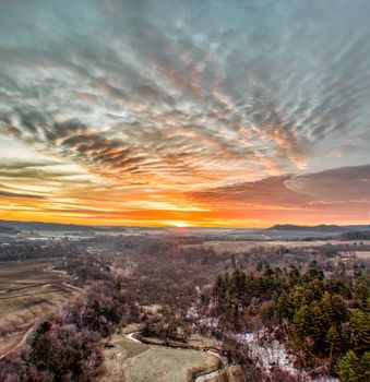 Stunning aerial landscape at sunset over Misha Mokwa, Wisconsin, highlighting nature's beauty.