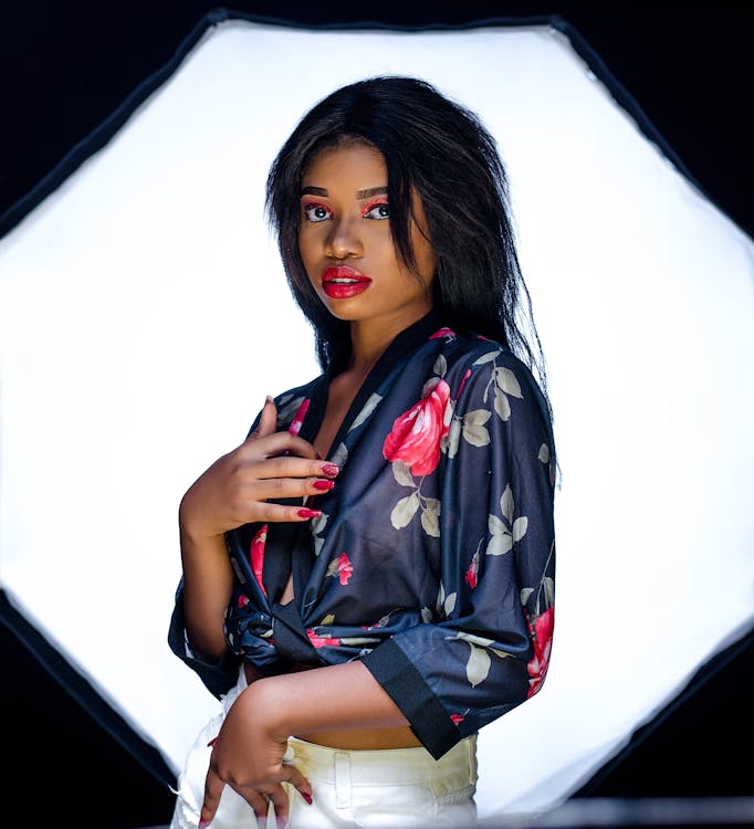 Woman Wearing Floral Silk Top