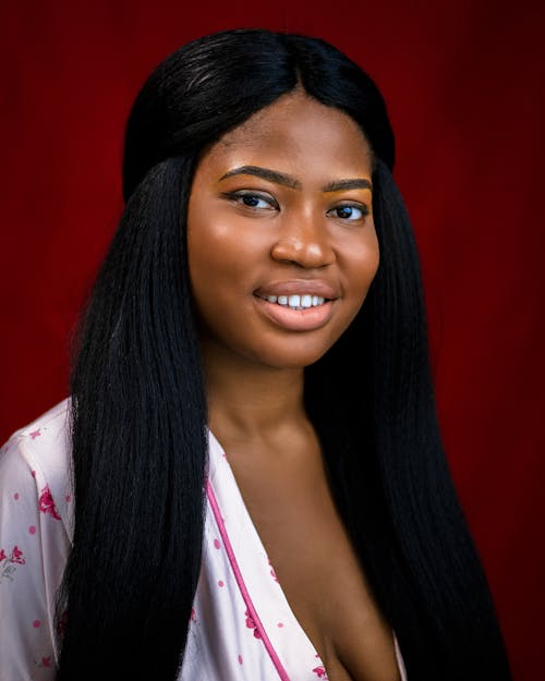 Woman with Black Long Hair Smiling