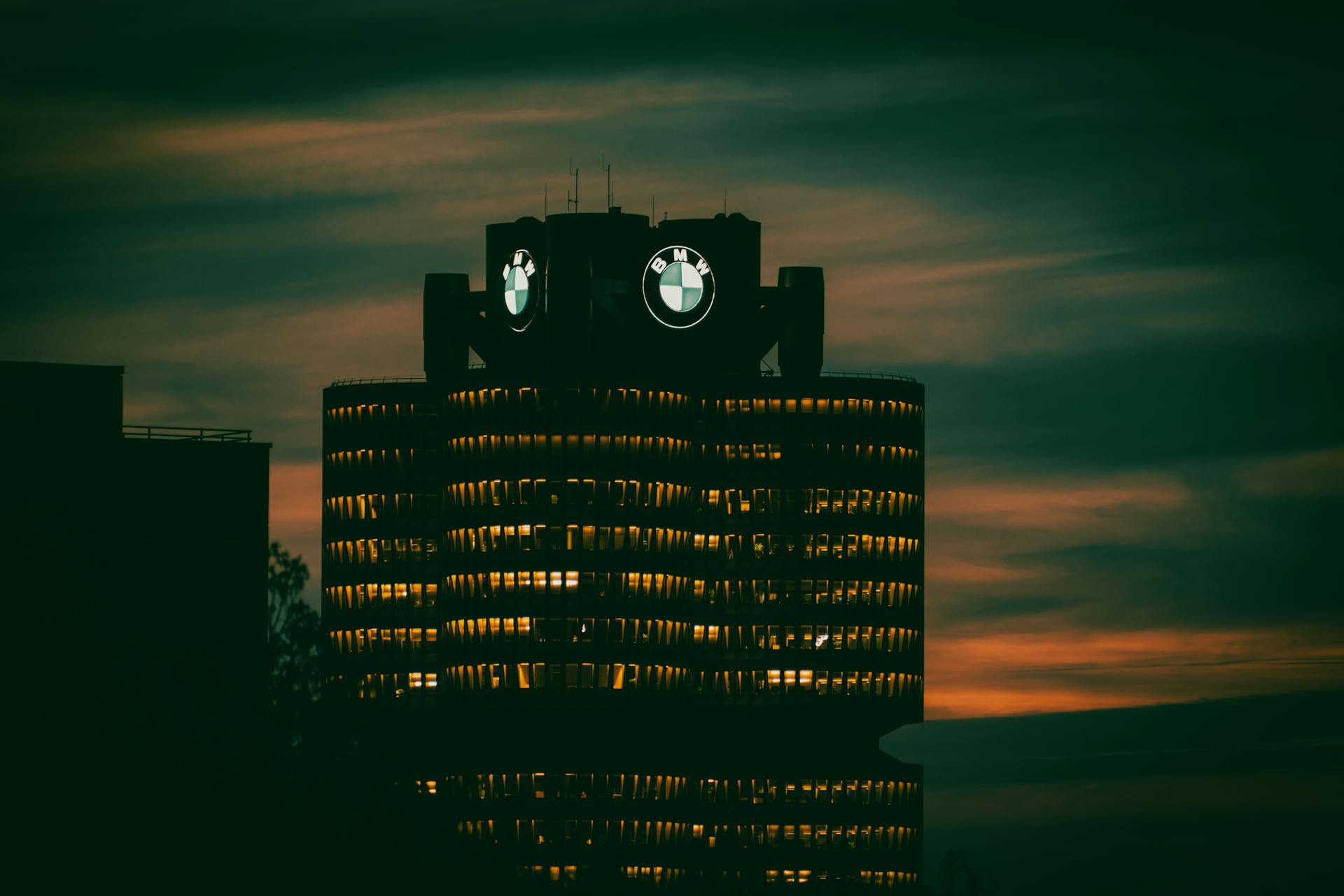 BMW Headquarters Building in Munich at Dusk