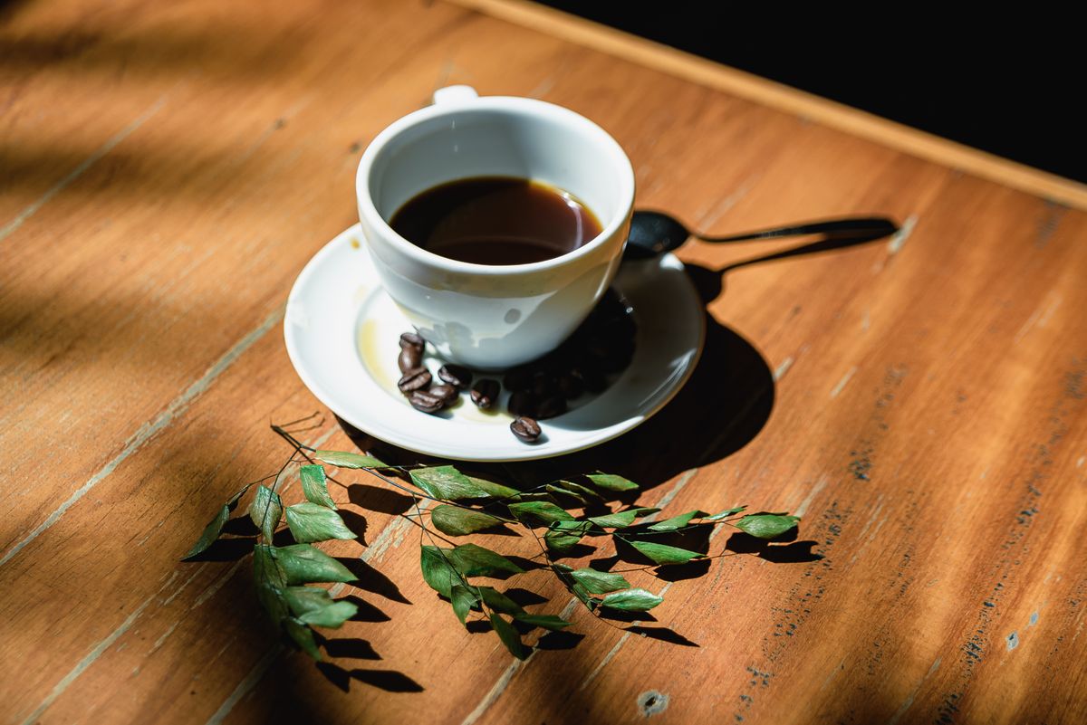 A warm coffee still life with beans, leaves, and a ceramic cup