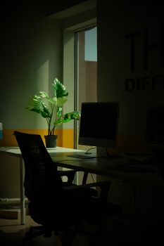 A minimalist office space featuring a desk, computer monitor, and green potted plant by a window.
