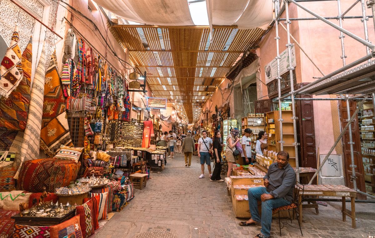 Lantern-lined alley in the Marrakech souk